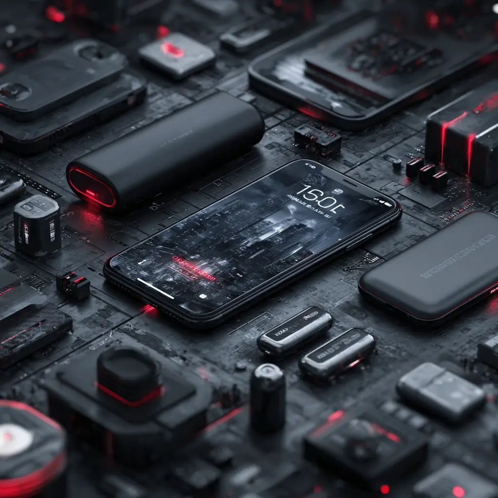 smartphone et powerbanks sur carte mètre futuriste